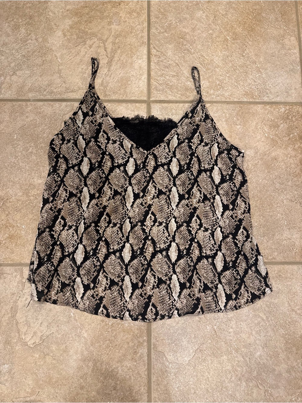 Lace-Trim Snake Print Cami Tank Top - Black & Cream